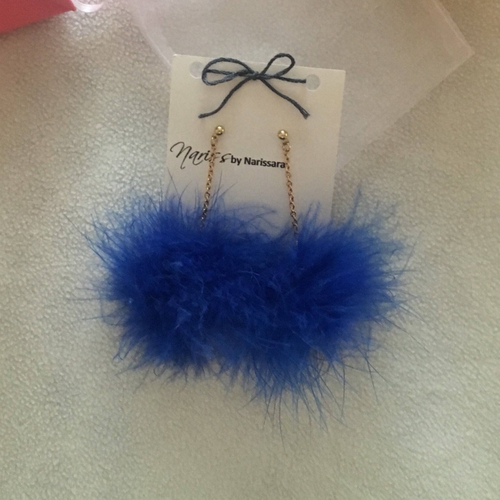 Royal Blue Fluffy Feather Gold Chain Earrings